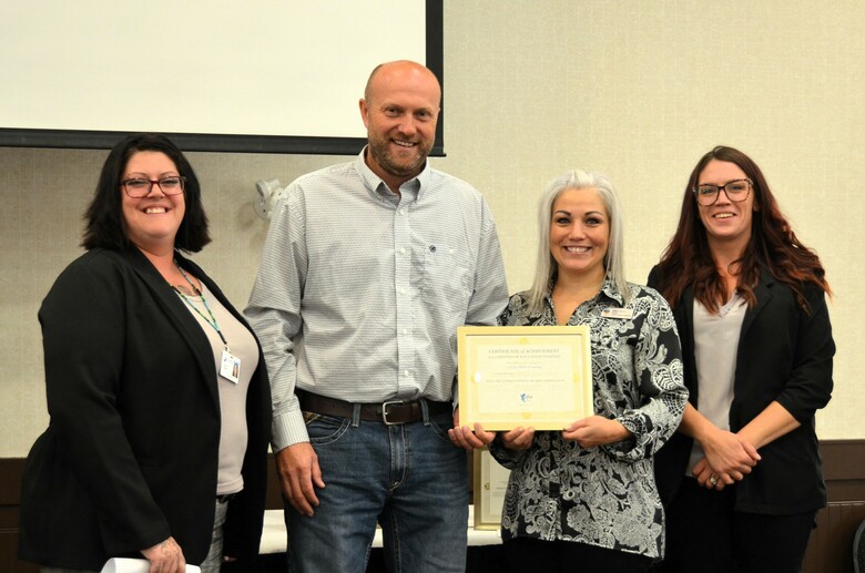 PRSD Board Chair Crystal Owens stands with representatives from the PRSD's 2023 Friends of Education award recipient, Clear Hills County. From left to right: Owens, County Deputy Reeve David Janzen, County Coun. Danae Walmsley, and County Reeve Amber Bean